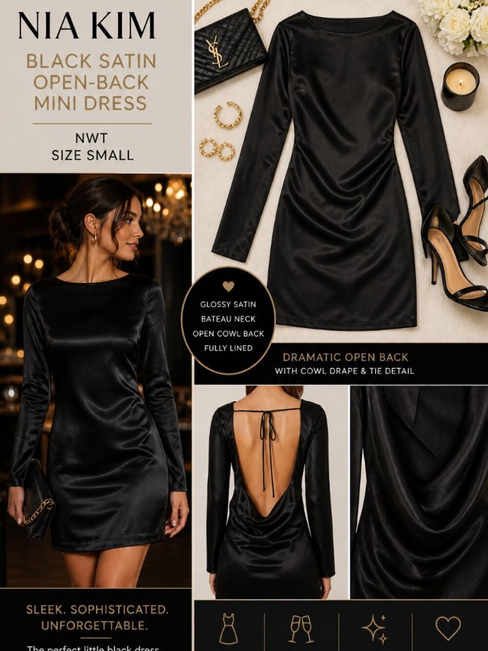 NIA KIM Black Satin Open-Back Mini Dress NWT XS — Bateau Neck, Cowl Back, Lined